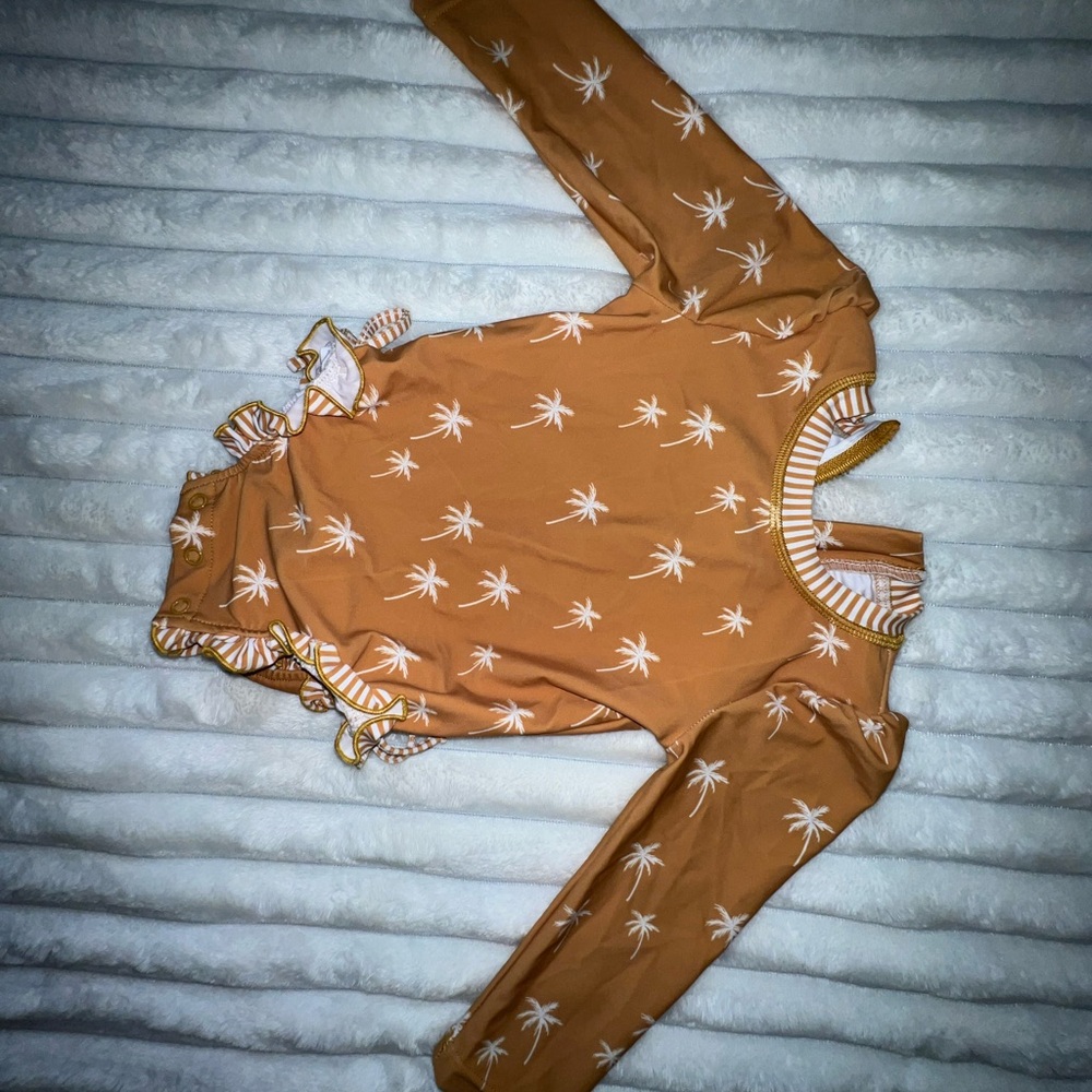 Caden Lane Brown and White Palm Bodysuit with Ruffled Details